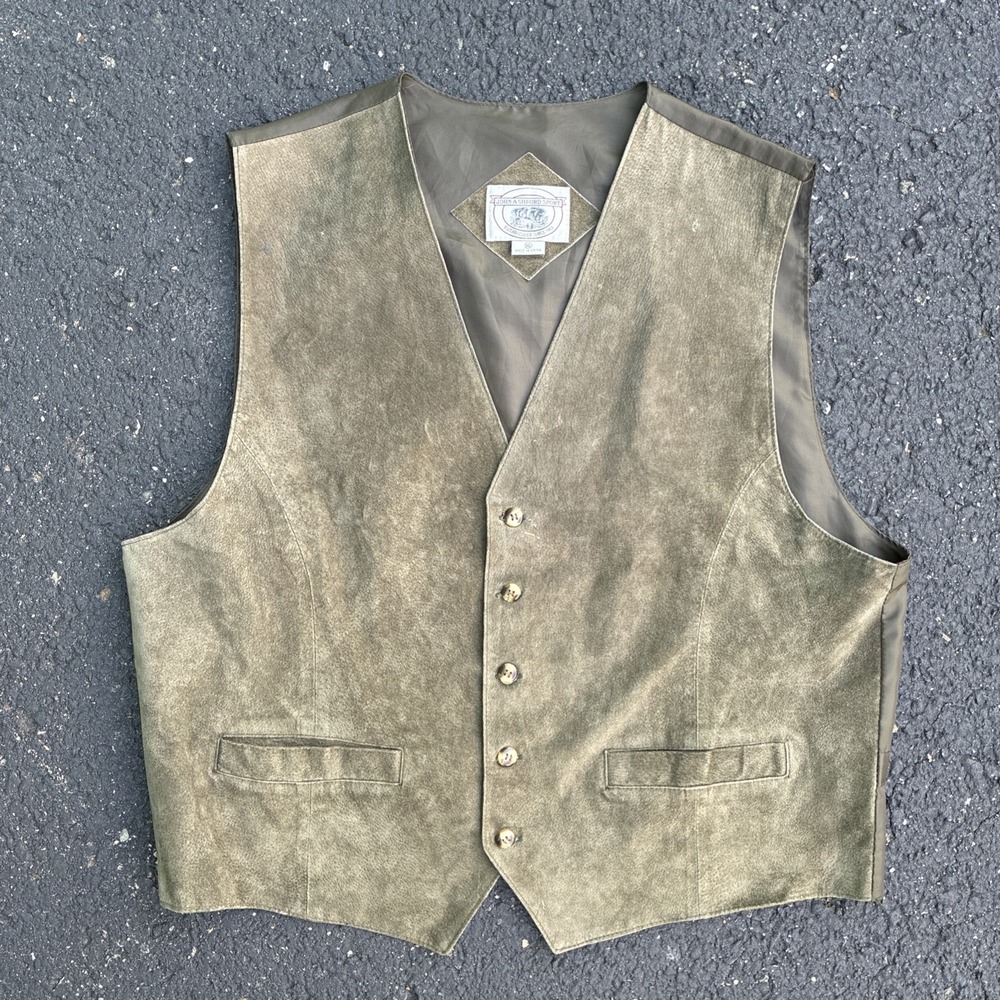 John Ashford Sport Suede Leather Vest Olive Green Button Front Mens XL